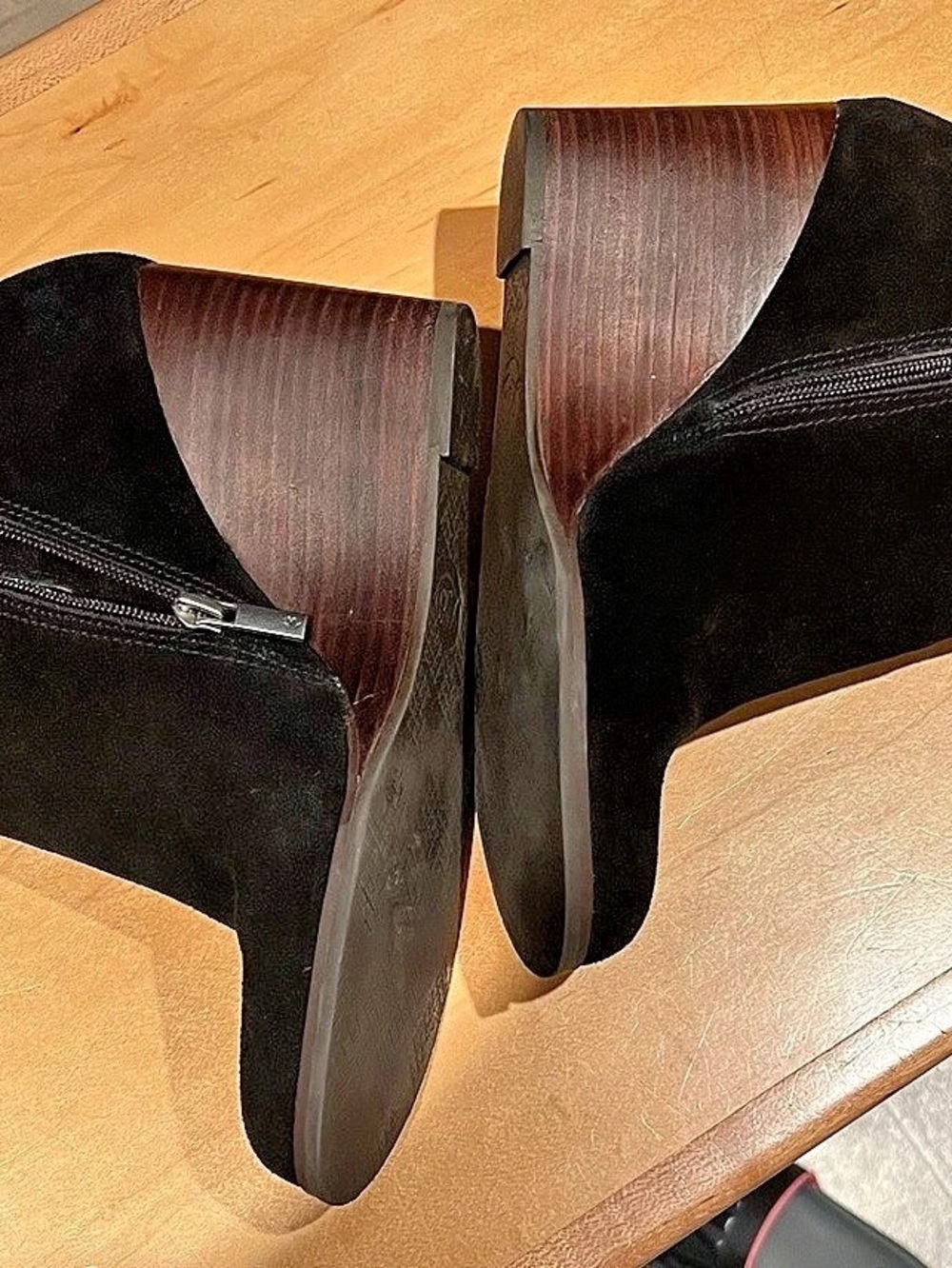 Lucky Brand Yakeena Wedge Boots Black Suede with Brown Wedge Heel - Picture 4 of 6